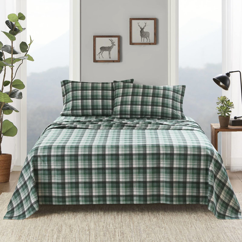 Taies d'oreiller plates en flanelle 100% coton à carreaux 4 pièces, Tissu écossais vert