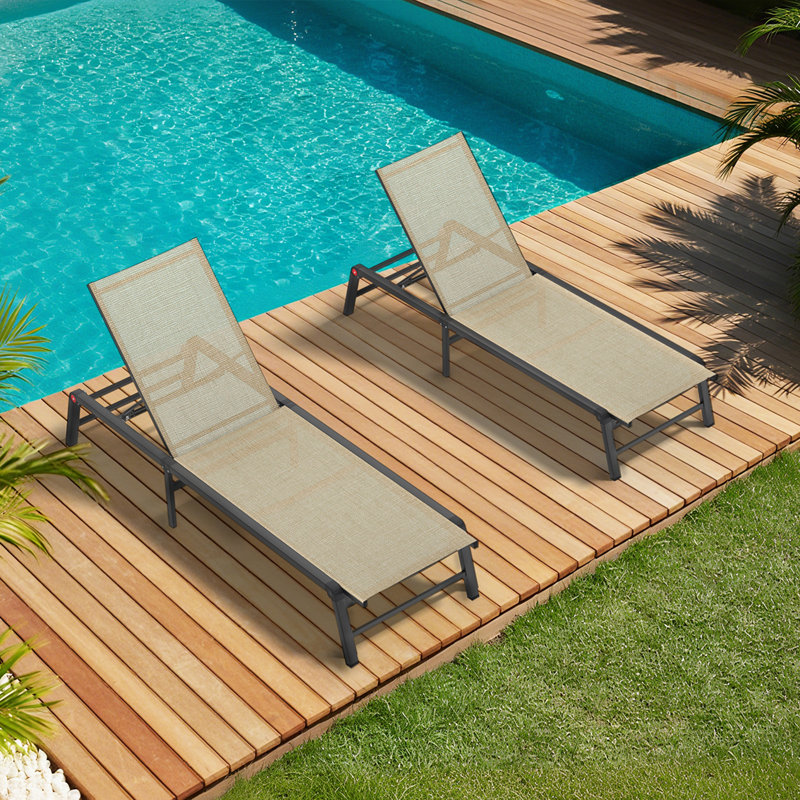 Assemble-Free Chaise Lounge Outdoor, Aluminum Outdoor Chaise Lounge Set of 2 , Patio Lounger Poolside Lay Flat Sunbathing Adjustable Backrest Pool Lounge Chair