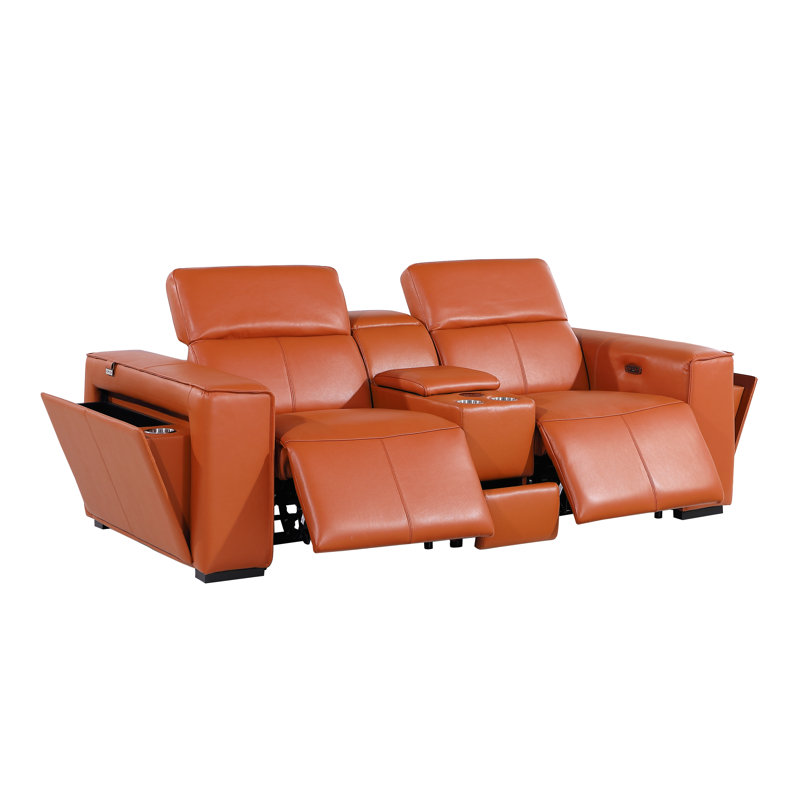 Top Grain Italian Leather Modular Power Dual Reclining Console Loveseat With Power Headrests, Camel