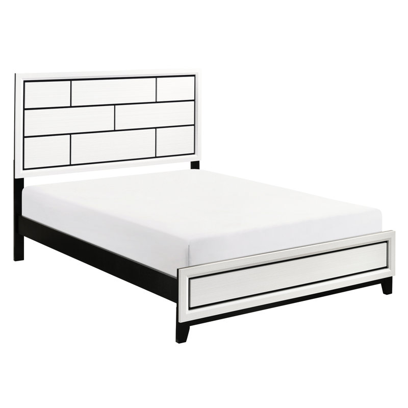 Grand lit moderne en bois blanc, décor de lignes noires, lit d'ameublement pour chambre à coucher, bois, détails de conception