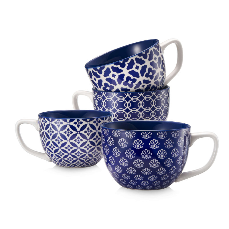  24oz Oversized Blue Mug Set - 4-Piece Porcelain Soup Cups