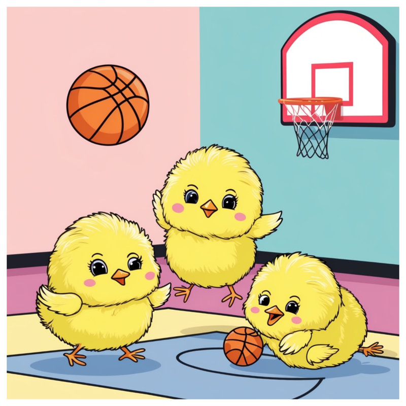 Jolies poussins jouant aux couvertures de basketball, L 50 po x H 60 po