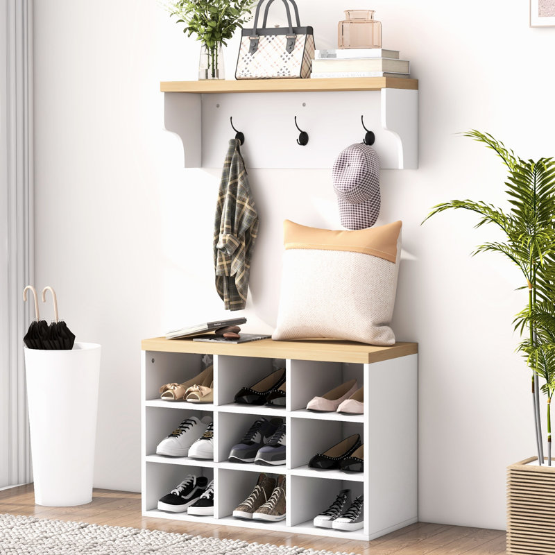 21 Coat Rack And Shoe Bench , 9 Pair Storage Cabinet With Hall Tree For Modern Entryway, Hallway, , Bedroom Organizer, White, Space Design, , Solid Structure, Assembly Required Tree, Storage,