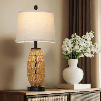 Adone 27" Natural Rattan Bedside Table Lamp with Dual USB Ports and Touch Control
