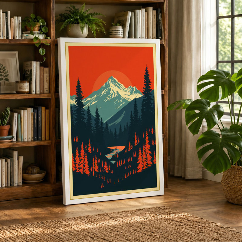 Mountain at Dusk Retro - Wrapped Canvas, 18x12 - 45.7 x 30.5 cm, Teal Border