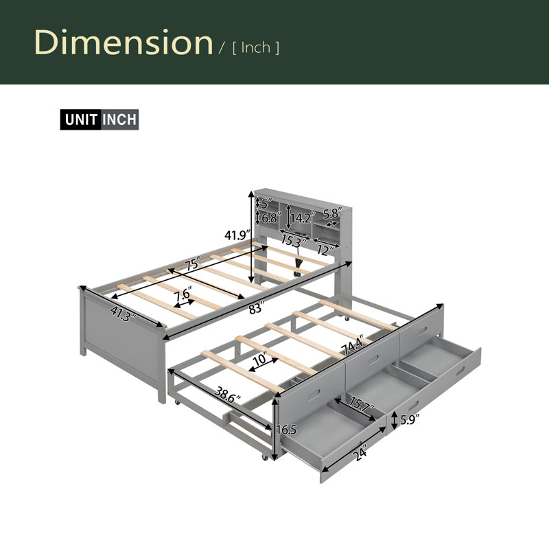 Lit plateforme avec tête de lit avec rangement, USB, lit gigogne et 3 tiroirs, Gris, Lit simple