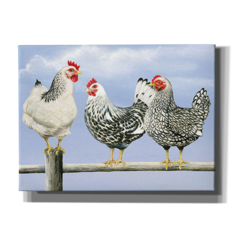 «Three Black & White Hens» par Janet Pidoux, art mural sur toile, H 40 po x l 54 po x P 1,5 po