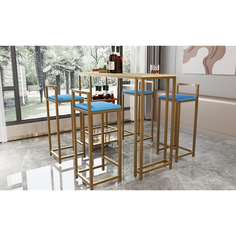 5-Piece Modern Bar Table Set Gold Metal Frame Multi-Layer Engineered Wood Tabletop High-Density Sponge Cushioned Chairs with Backrest Under-Table Storage Shelf Space-Saving Design for Kitchen & Dining