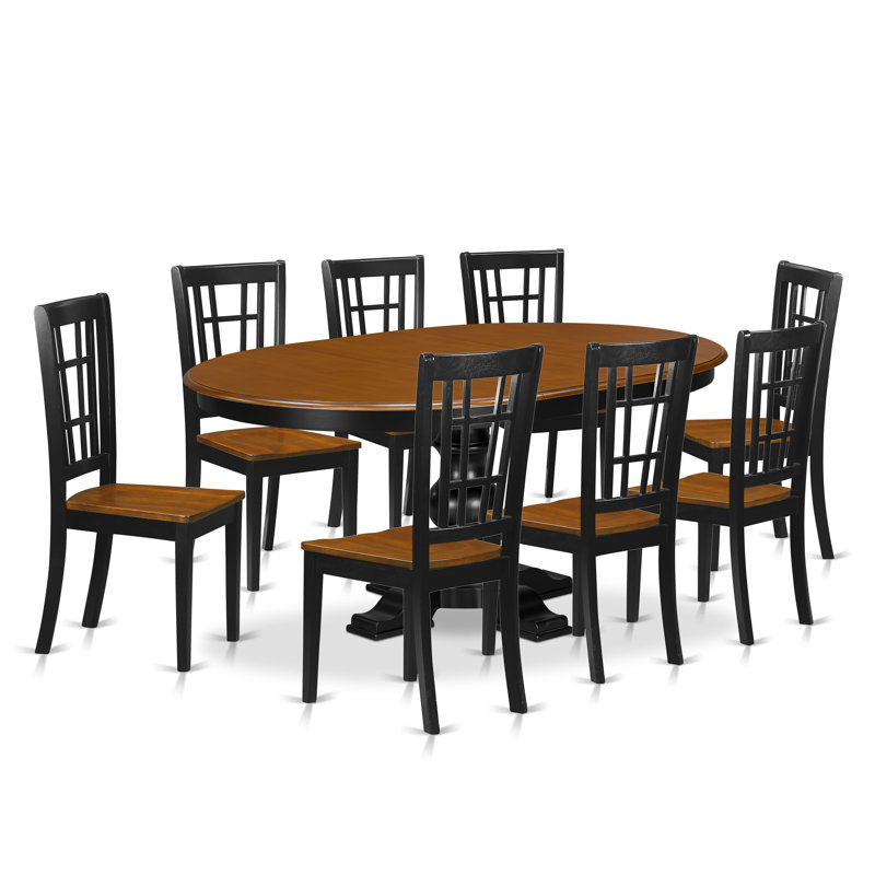 Cet ensemble de cuisine de style Mid-Century 9 pièces comprend une table de cuisine avec plateau en cerisier et 8 chaises de salle à manger avec dossier à lattes - noir