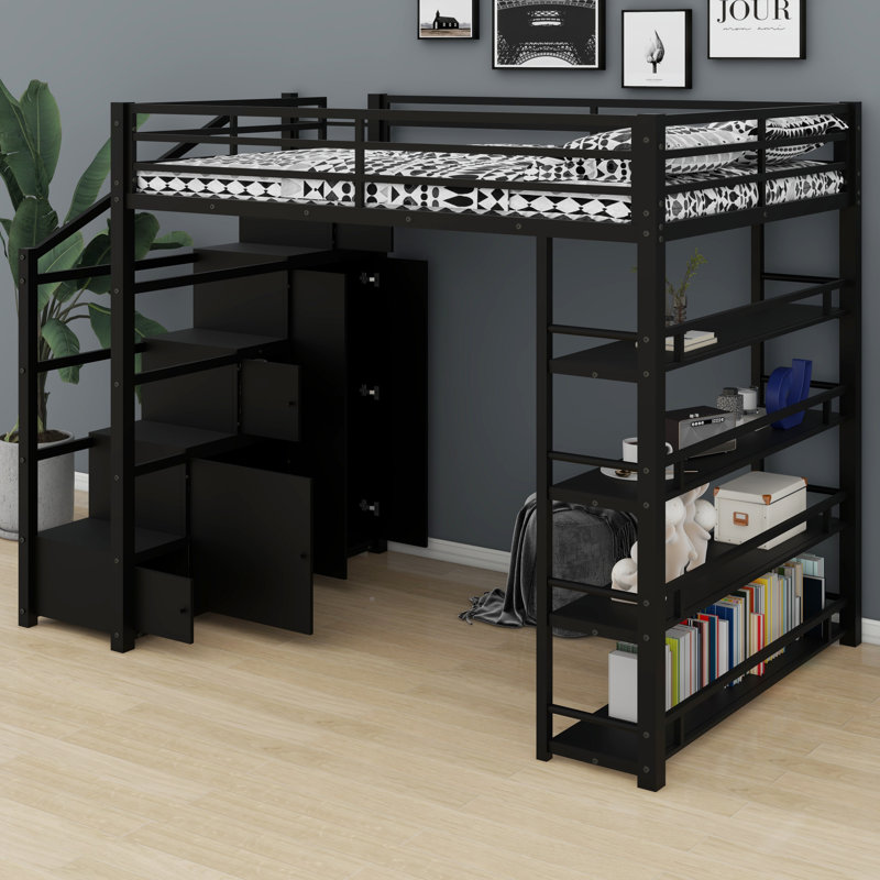 Lit mezzanine en métal durable avec tablettes de rangement, armoires et garde-robe tout-en-un