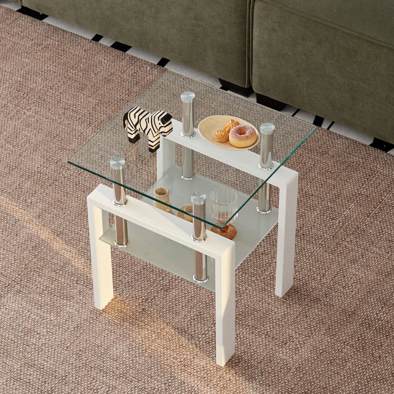Ignasio Glass Top End Table, 20.5" H x 17.7" W x 17.7" D, White, Clear Duplicate