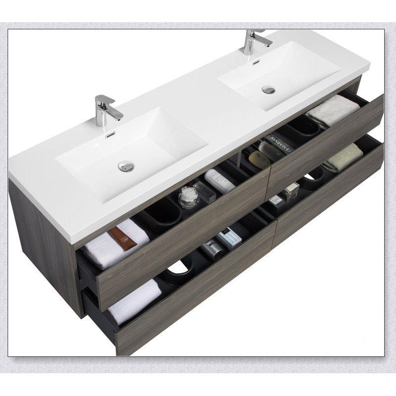 Meuble-lavabo flottant avec lavabo, meuble-lavabo mural moderne avec deux lavabos en quartz et quatre tiroirs à fermeture en douceur, 24V12-72GR