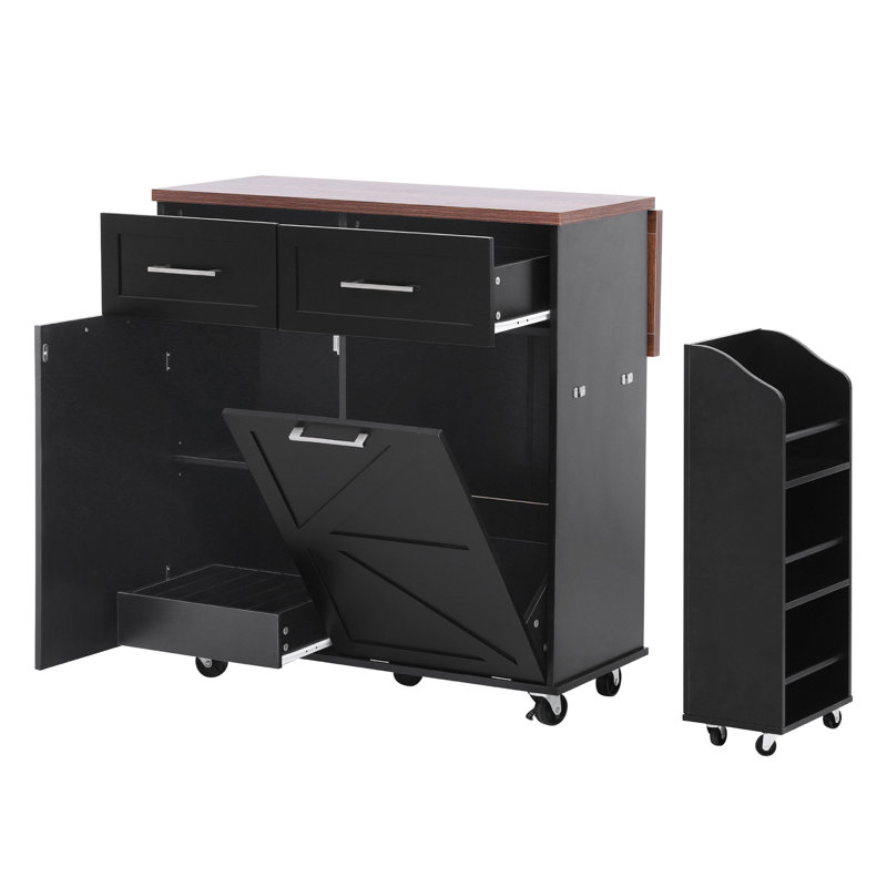 Îlot de cuisine de 47,2 po avec abattant, tablette latérale amovible, deux tiroirs et armoire à poubelle dissimulée, Noir