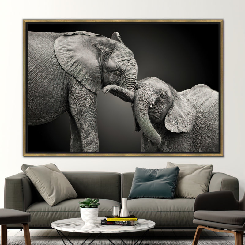 Éléphant, reproduction d'art sur toile, mère et bébé, affiche murale, H 10 po x l 14 po, Doré