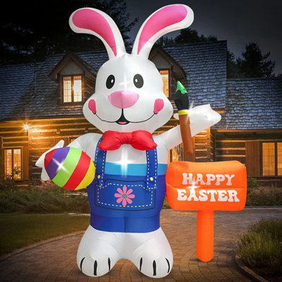 Grand lapin de 8 pi avec décorations de Pâques, tenant un œuf et un pinceau, lumière DEL intégrée