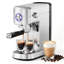 Machine à café expresso compacte de 20 bars avec mousseur à lait, cafetière en acier inoxydable, réservoir d'eau amovible de 1 litre, chauffe-tasses, fonction autonettoyante, couleur argent.