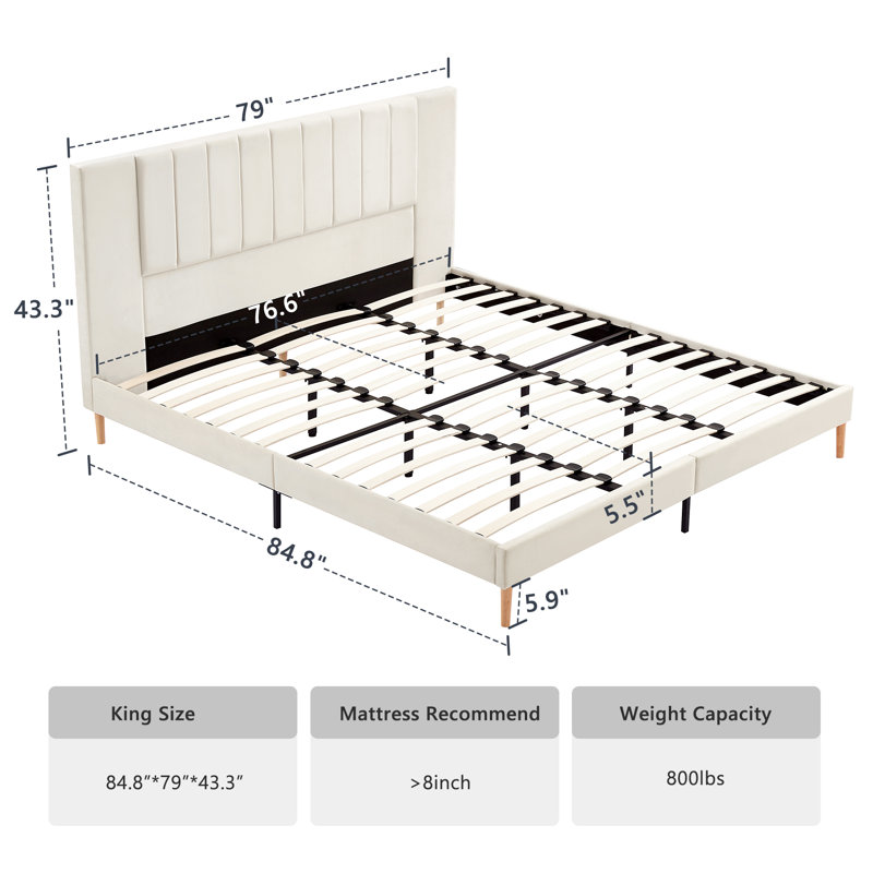Cream Velvet King Platform Bed with Tufted Upholstered Headboard