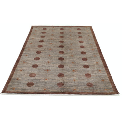 Tapis beige et brun en laine noué à la main 5 pi x 6,5 pi
