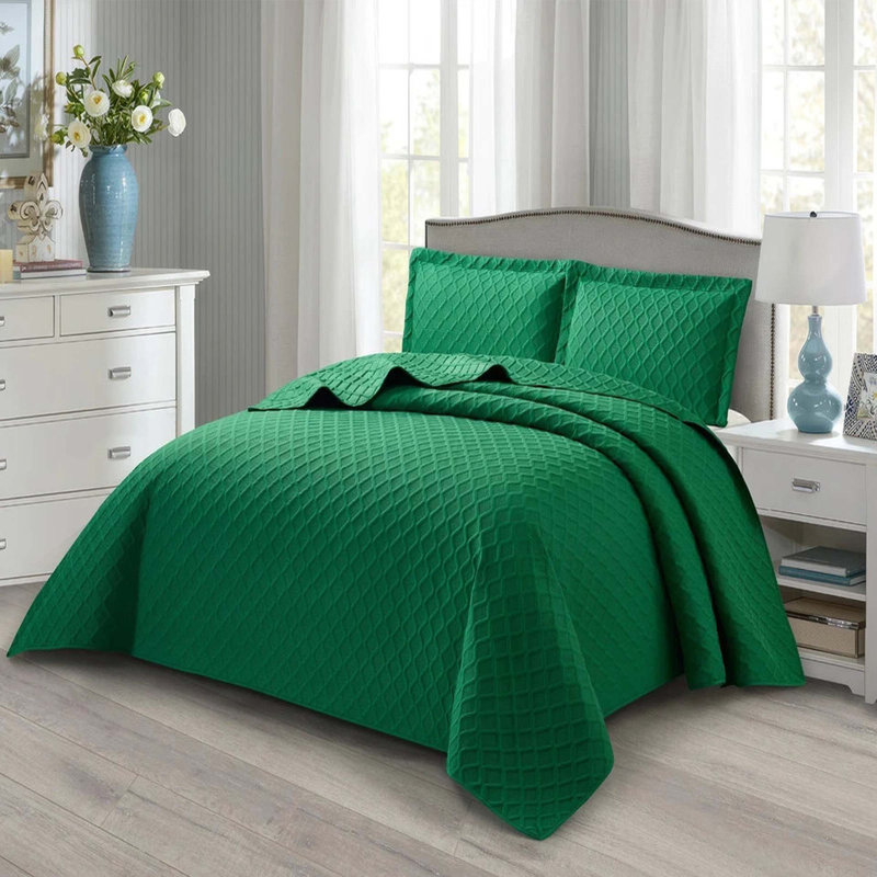 Bedspread Diamond Check Embossed Set with Pillow Shams, Textured All-Season Comfort, Single, Double, King & Super King, Green