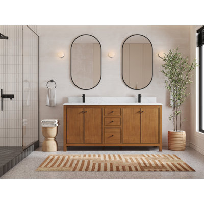 Meuble-lavabo double 72 po avec plateau en quartz Chicago Teak