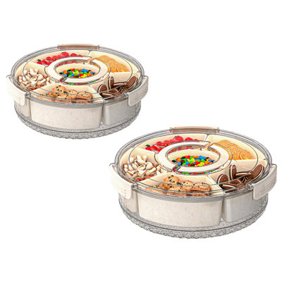 2 pièces, plateau de service divisé avec couvercle et poignée, boîte de collation rotative à 360 ° avec 6 diviseurs transparents, plateaux de collation portatifs pour fruits, noix, bonbon, noix