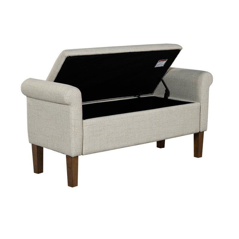 Natural Upholstered Storage Bench with Rolled Armrests