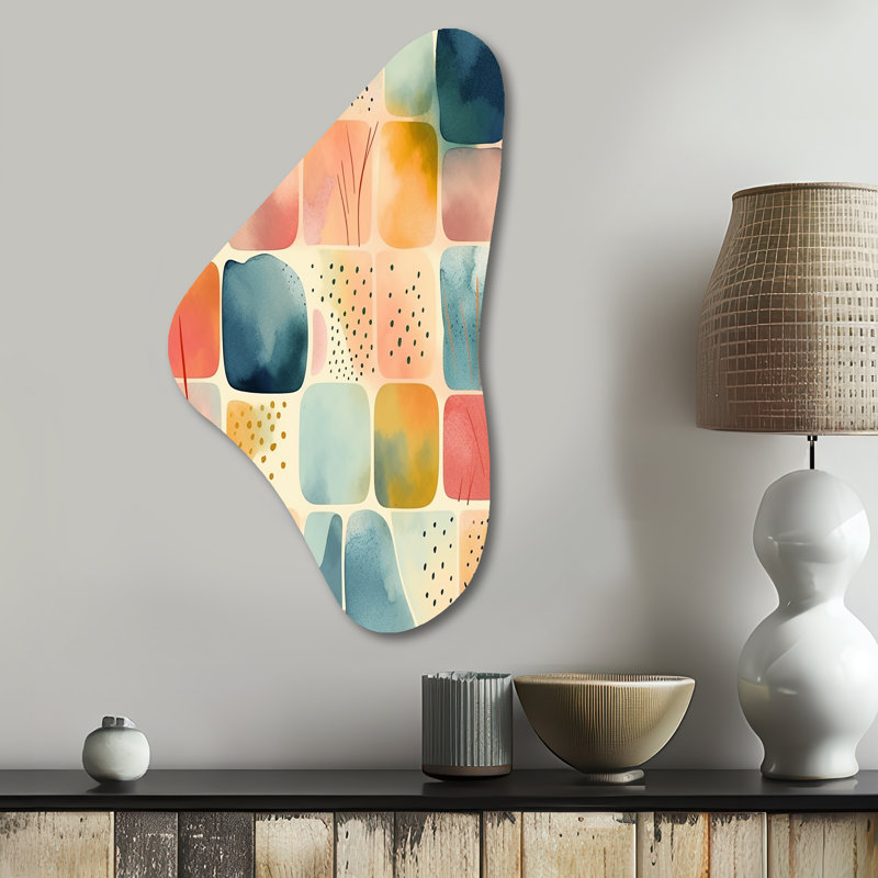 «Orange Fun Motif of Shapes III», art géométrique abstrait en forme de Boomerang mural en métal, H 31 po x l 17 po