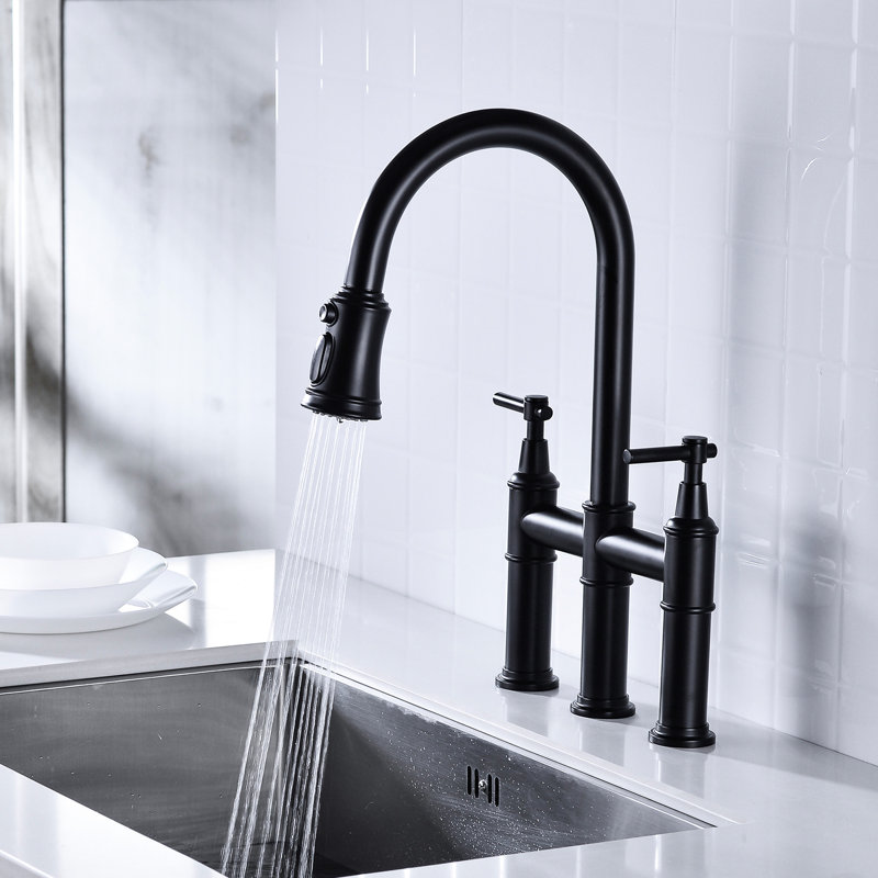 Matte Black Pull-Down Kitchen Faucet - Dual Handle Switch For Fine-Tuned Water Flow And Temperature 360 Rotating High Nozzle Expanded Cleaning Surface Brass Material Durability With Feature Handles