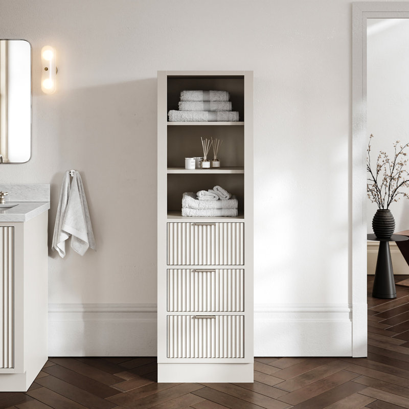 Koeninger Solid Wood Bathroom Linen Storage Cabinet, Pre-assembled, 65”H x 20”W x 16”D Warm White, Warm White