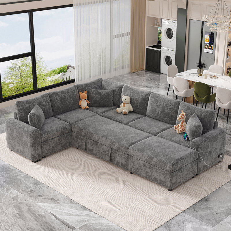Canapé-lit 112,2 po avec canapé-lit escamotable avec repose-pieds avec rangement, trois coussins et dispositifs de chargement pour le salon, gris