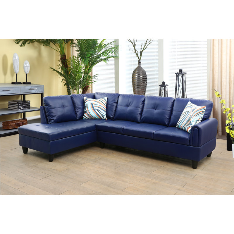 Renford Upholstered L-Shaped Sectional, Left Hand Facing, Blue Faux Leather