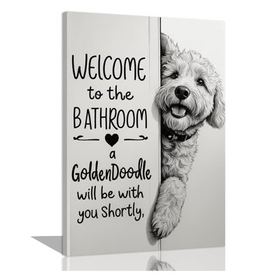 Drôle d'art mural de salle de bain, bienvenue dans la salle de bain, un Goldendoodle sera avec vous, signe de photos, affiches de peintures sur toile amusantes en noir et blanc, décoration murale chien mignon 12 po x 16 po