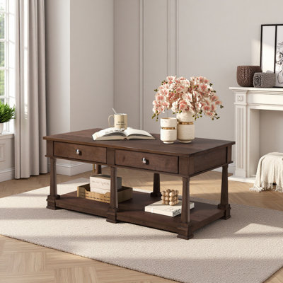 Farmhouse Wooden Coffee Table with 2 Storage Drawers & Lower Open Shelf, Rectangular Cocktail Table with Solid Wood Legs for Living Room