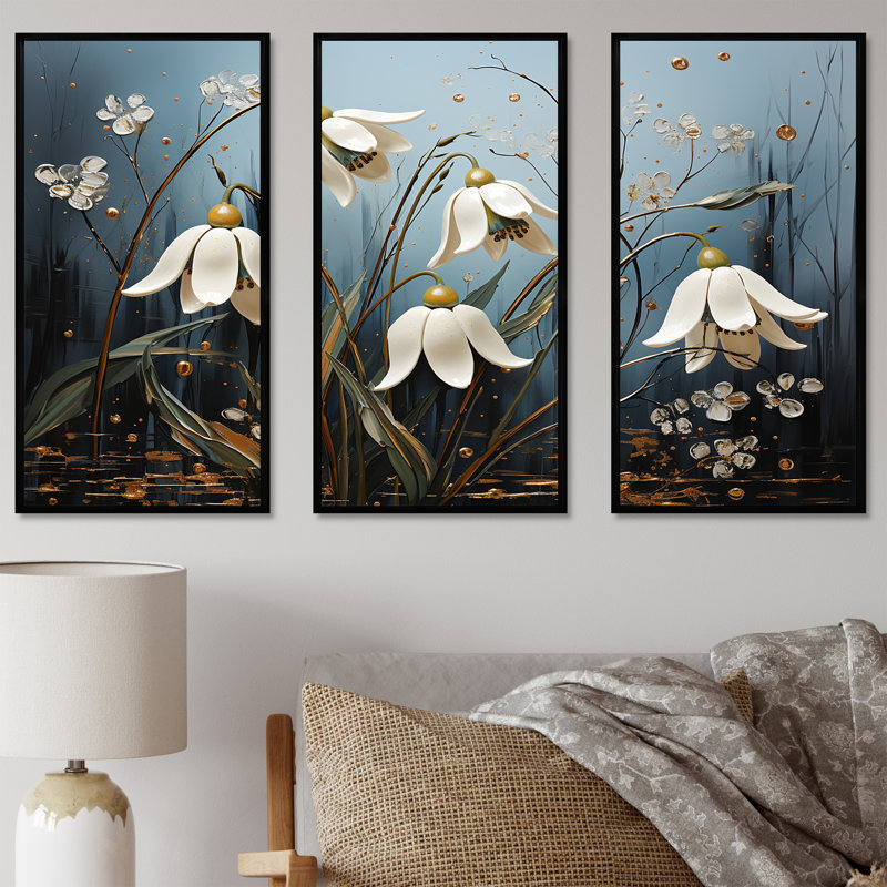 «Snowdrops Moonlit Whispers III - Snowdrops», ensemble d'art mural, Cadre flottant noir, H 40 po x l 60 po x P 1 po