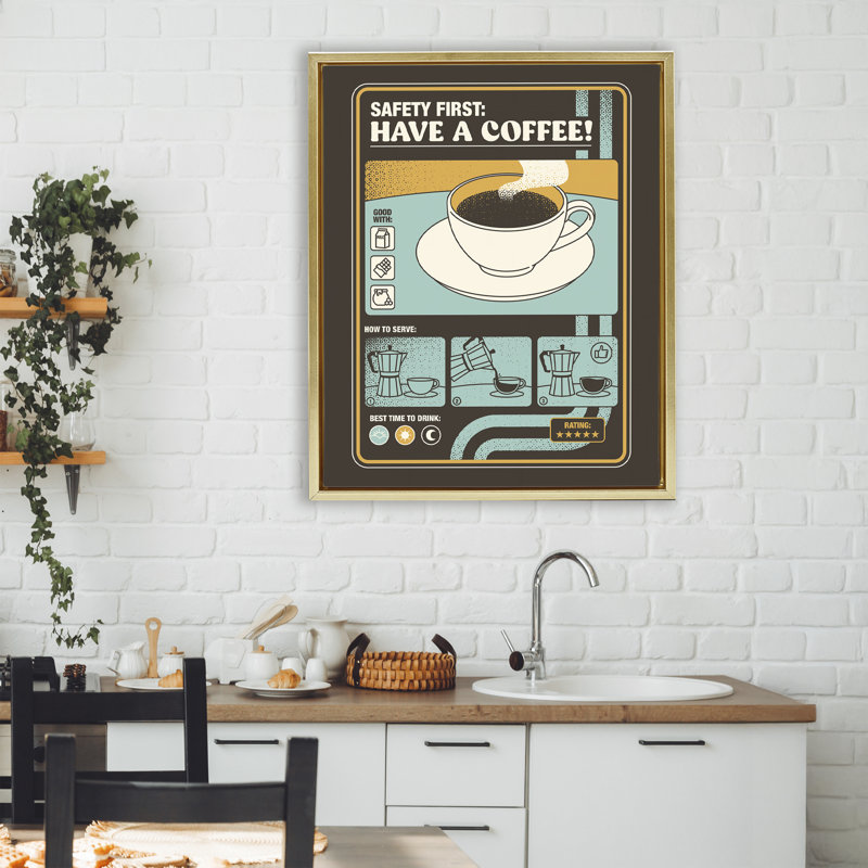 Cadre flottant Safety First Have A Coffee, design par Tobe Fonseca, H 31 po x l 25 po, Cadre flottant métallique doré