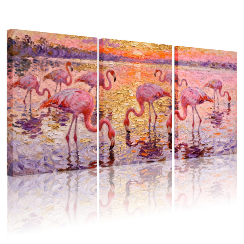 Oiseaux flamants roses au coucher du soleil, ensemble de 3 impressions sur toile, H 24 po x l 48 po
