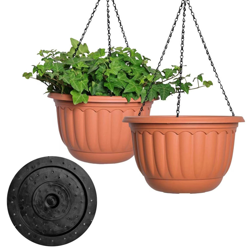 Lot de 2 pots de fleurs suspendus en plastique avec trou de drainage et soucoupe, style panier suspendu, pour la décoration de porche, terrasse ou balcon.
