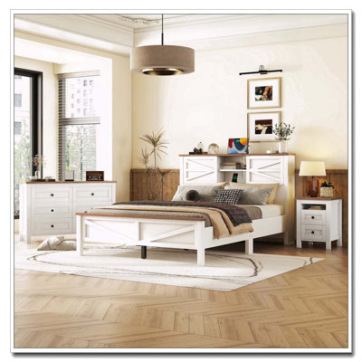 Ensemble de chambre à coucher 3 pièces avec lit plateforme grande ferme avec tête de lit double à porte coulissante, table de chevet et commode, blanc et brun