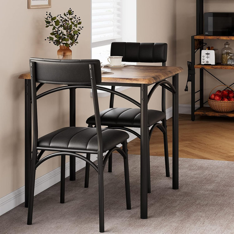 Industrial Dining Set for 2, Compact Table & 2 PU Upholstered Chairs, Space-Saving for Small Spaces, Brown