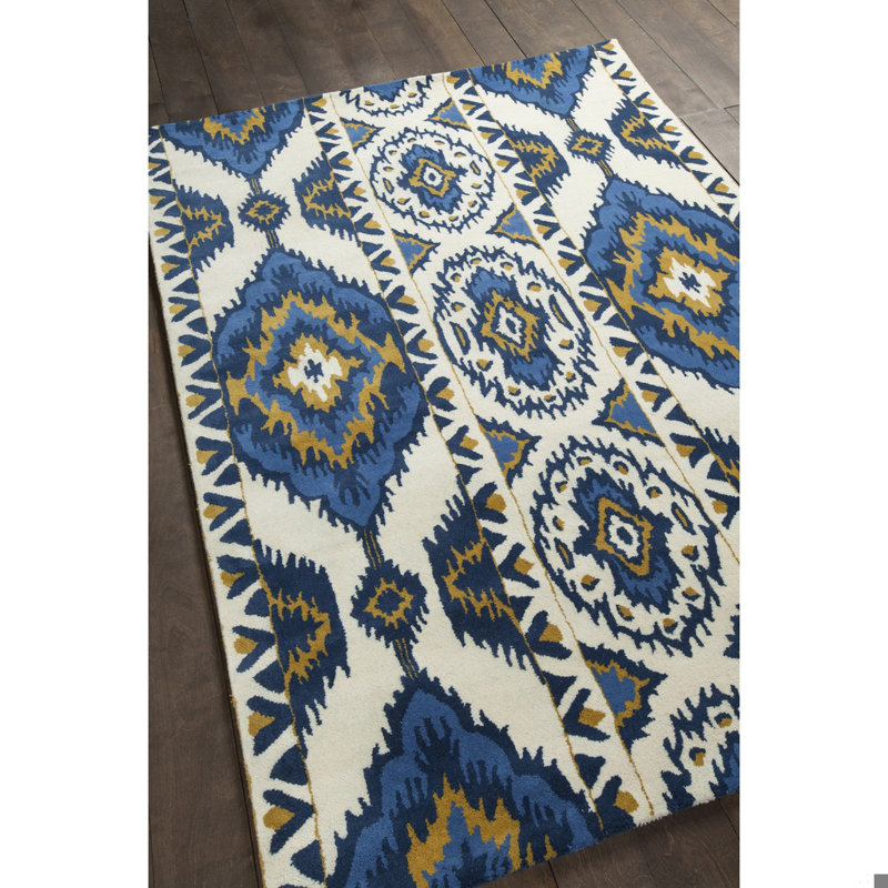 Tapis bleu en laine tissé à la main Acworth, 5 pi x 7 pi