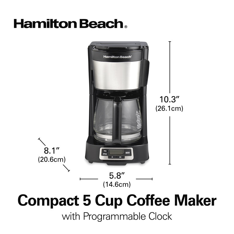 Compact Black and Stainless Steel 5-Cup Coffee Maker with Programmable Clock