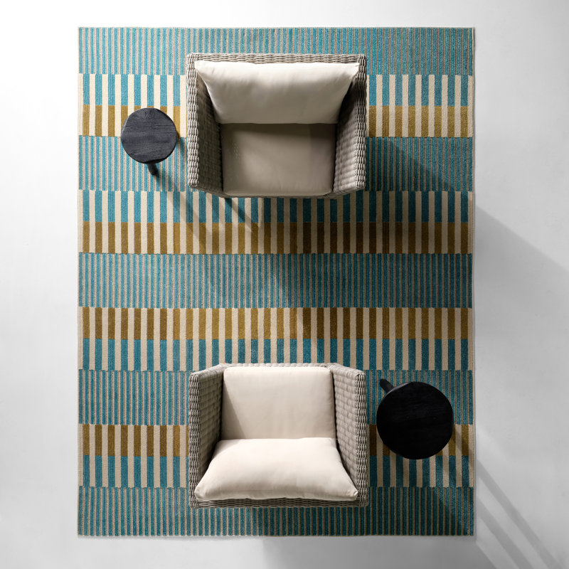Tapis rayé bleu / jaune intérieur / extérieur Sarmiento, Rectangle 8 pi 6 po x 11 pi 6 po