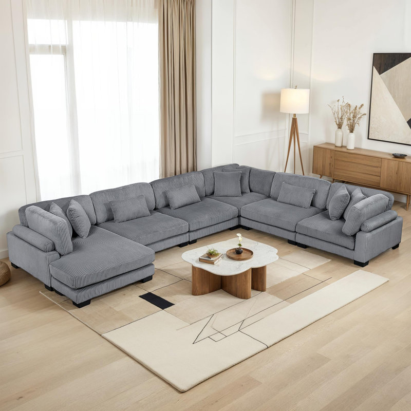 Hulett 135" Modern Modular Sectional with Corduroy Fabric, Adjustable Backrests & 9 Pillows, Gray Corduroy