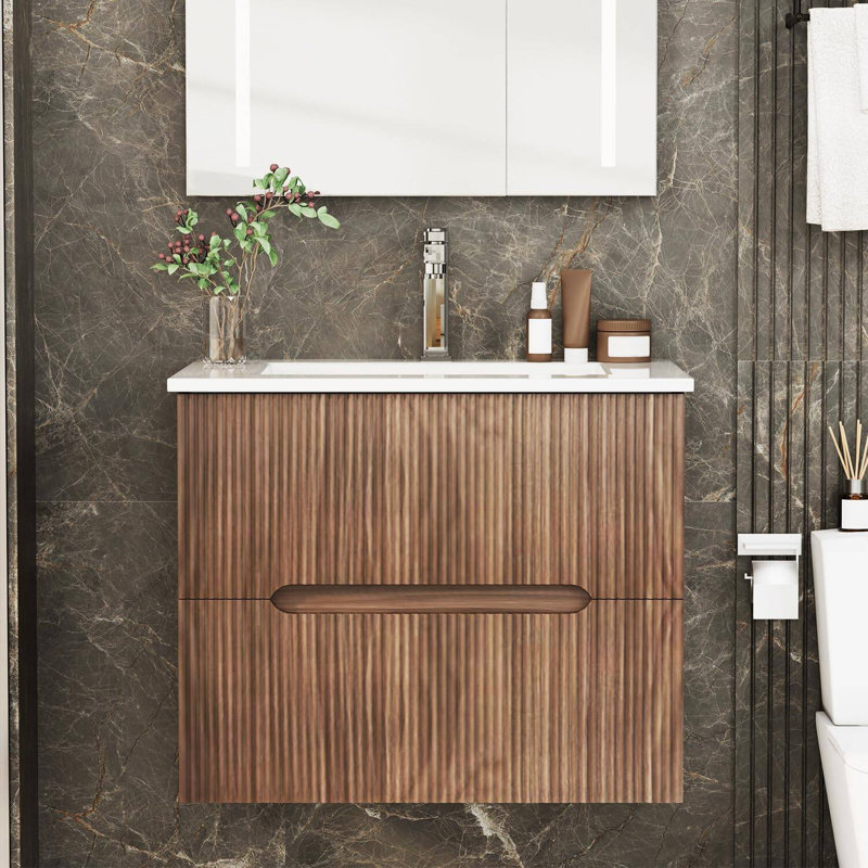24-Inch Wall-Mounted Bathroom Vanity with Ceramic Sink – Floating Cabinet Set with Soft-Close Drawers, Faucet, and Pop-Up Drain in Walnut Finish