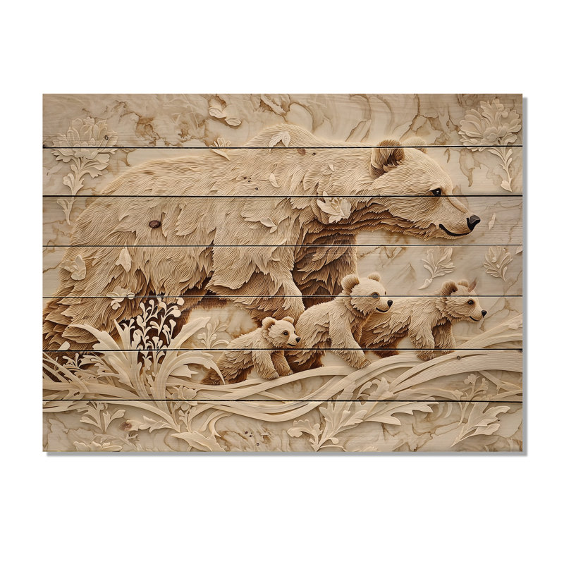 Mère ours et petits II - Art mural moderne sur bois de pin naturel, H 10 po x l 20 po