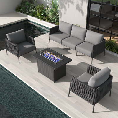 4 Piece Outdoor Furniture Set with Fire Pit Table, Modern Rope Woven Patio Conversation Sofa Set with Olefin Braid and Deep Seating by George Oliver