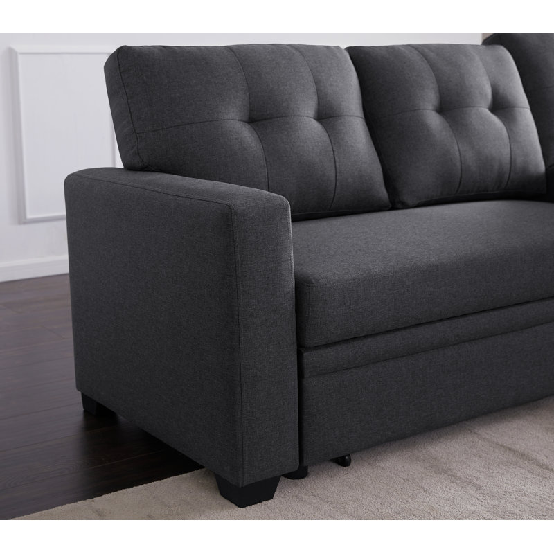 Upholstered Pull Out Sectional Sofa With Chaise, Gray Linen