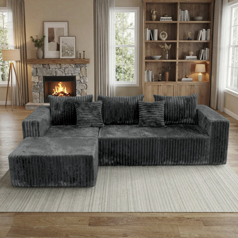 108" Modular Boneless Sofa with Reversible Chaise and Movable Ottoman, Oversized Floor Sectional Couch for Living Room, Bedroom, or Apartment, No Assembly Required - Volcanic Ash, Corduroy