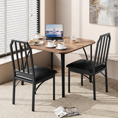 Space-Saving 3-Piece Dining Table Set for 2 - Rectangular Kitchen Table & 2 Chairs - Chamfered Edges, Upholstered Cushioned Seats, Rustic Industrial W