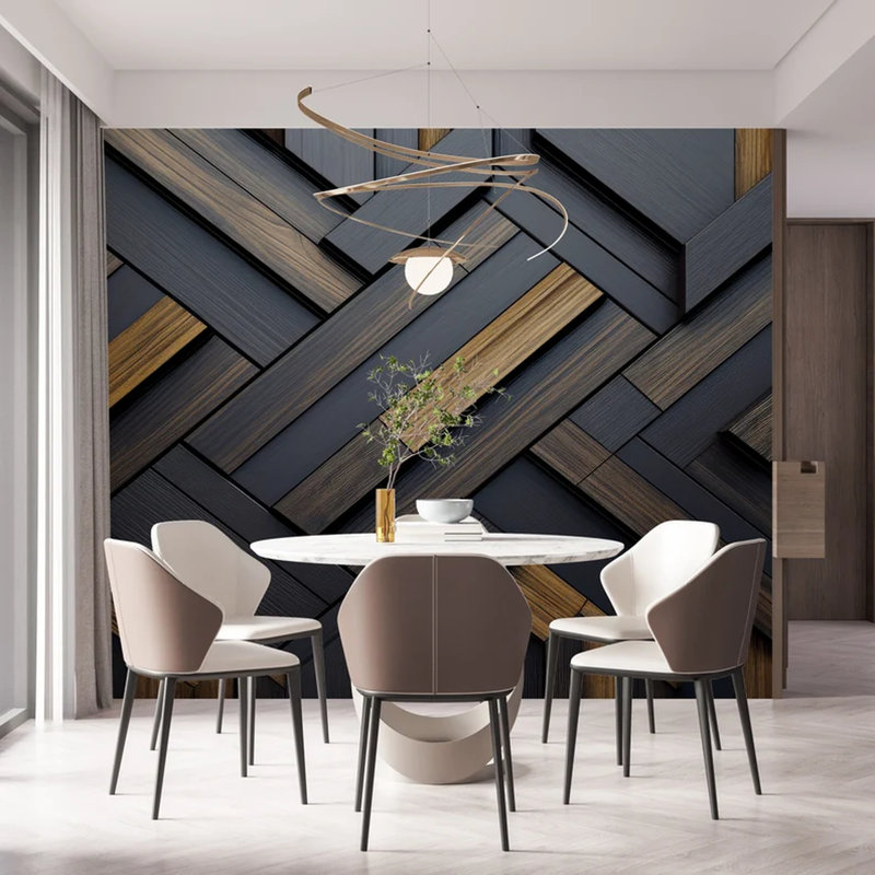 Modern Dark Wood Geometric Wall Mural, 3D Herringbone Pattern Panel Wallpaper, Luxury Contemporary Abstract Accent Wall Decor